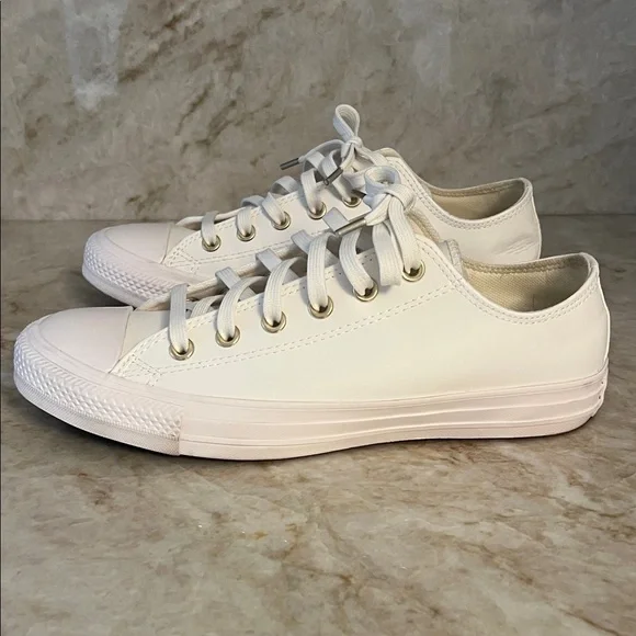 Converse White Leather with Gold Hardware Low-Top Sneakers, Women’s Size 9.5 - Picture 4 of 6